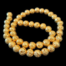 Fil de 46 perles rondes 8mm 8 mm en pierre de lave dorée teintée