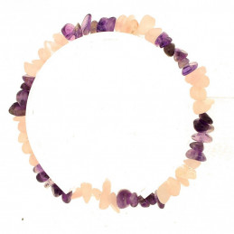Bracelet élastique de perles chips en améthyste et quartz rose anti stress - 50mm