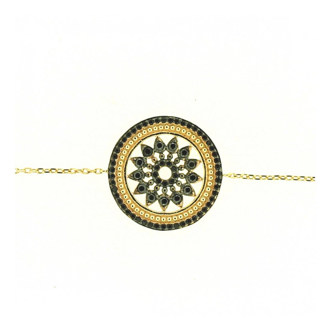 Bracelet médaille ronde vitrail fleur orné de cz noir en plaqué or-18 cm