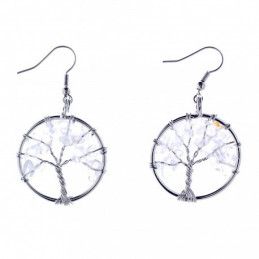 Boucles d'oreilles pendantes arbre de vie en cristal de roche